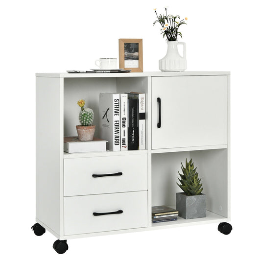 Mobile File Cabinet with Lateral Printer Stand and Storage Shelves, White