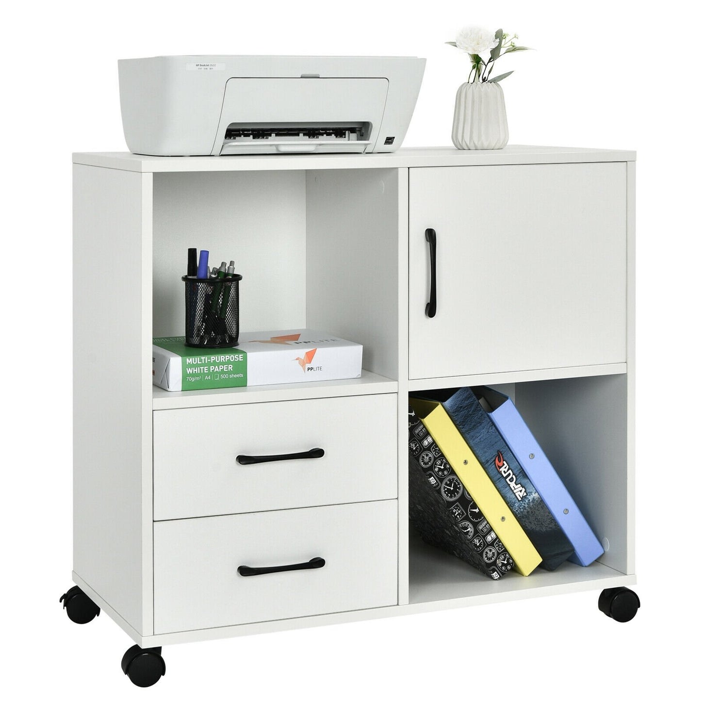 Mobile File Cabinet with Lateral Printer Stand and Storage Shelves, White at Gallery Canada