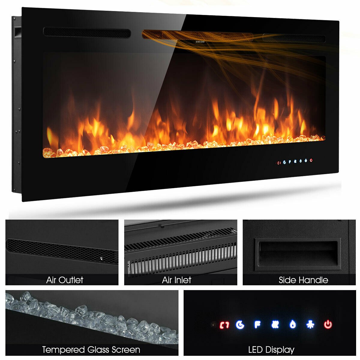 50 Inch Recessed Electric Insert Wall Mounted Fireplace with Adjustable Brightness, Black at Gallery Canada