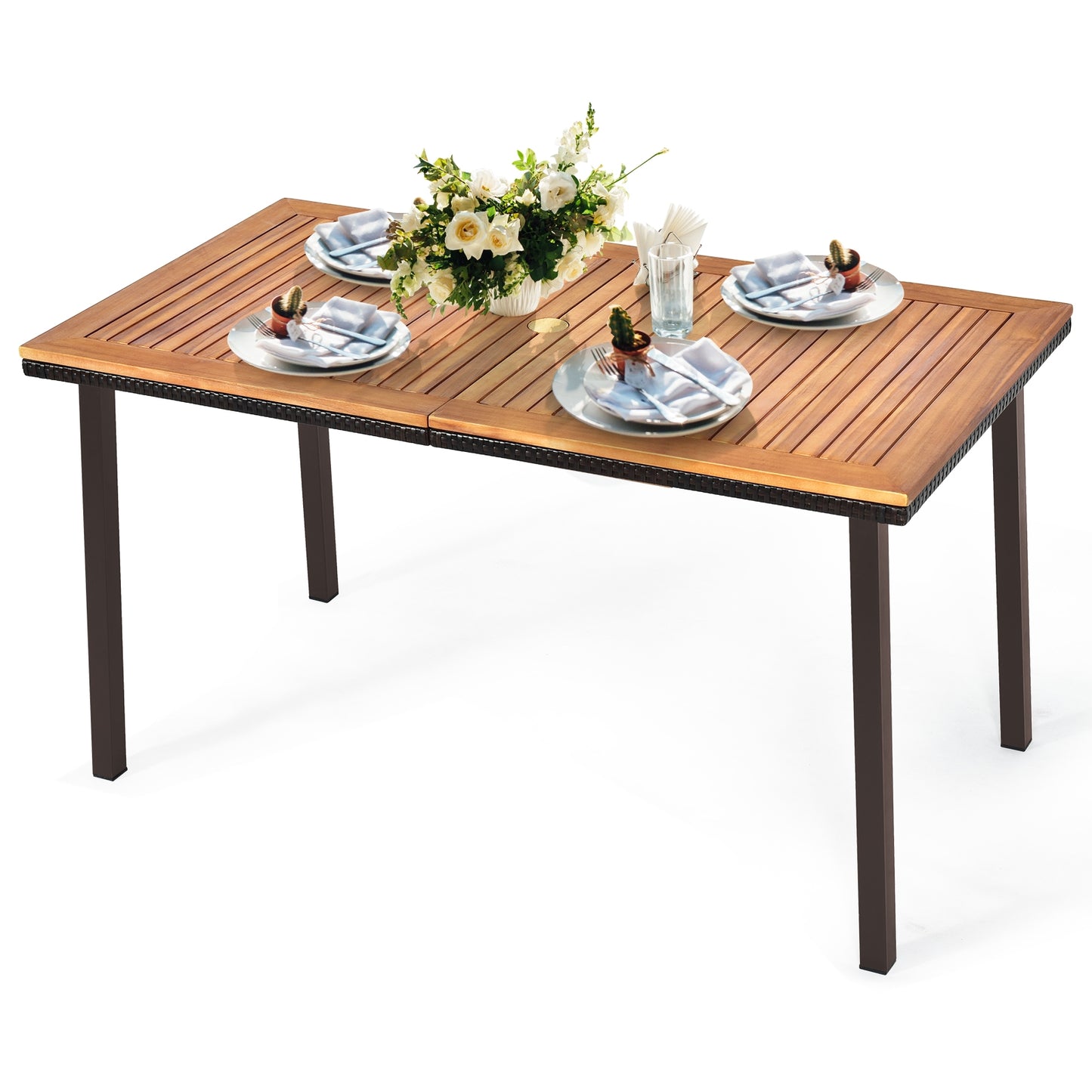 55 Inch Dining Table, Umbrella Hole, Natural, Acacia Patio Dining Tables at Gallery Canada