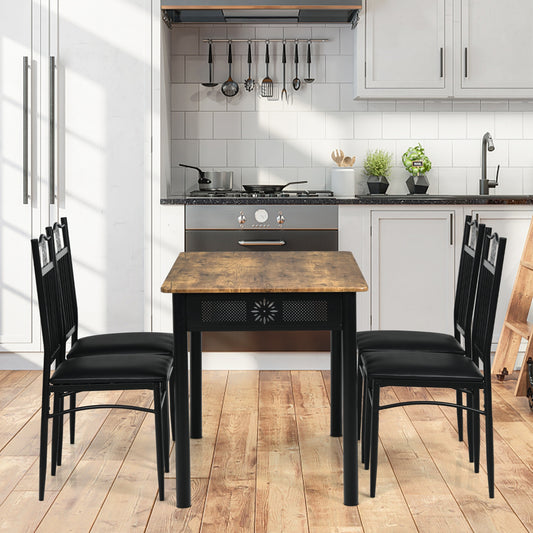 5 Pcs Dining Set, Wood Metal Table, 4 Chairs, Cushions, Black
