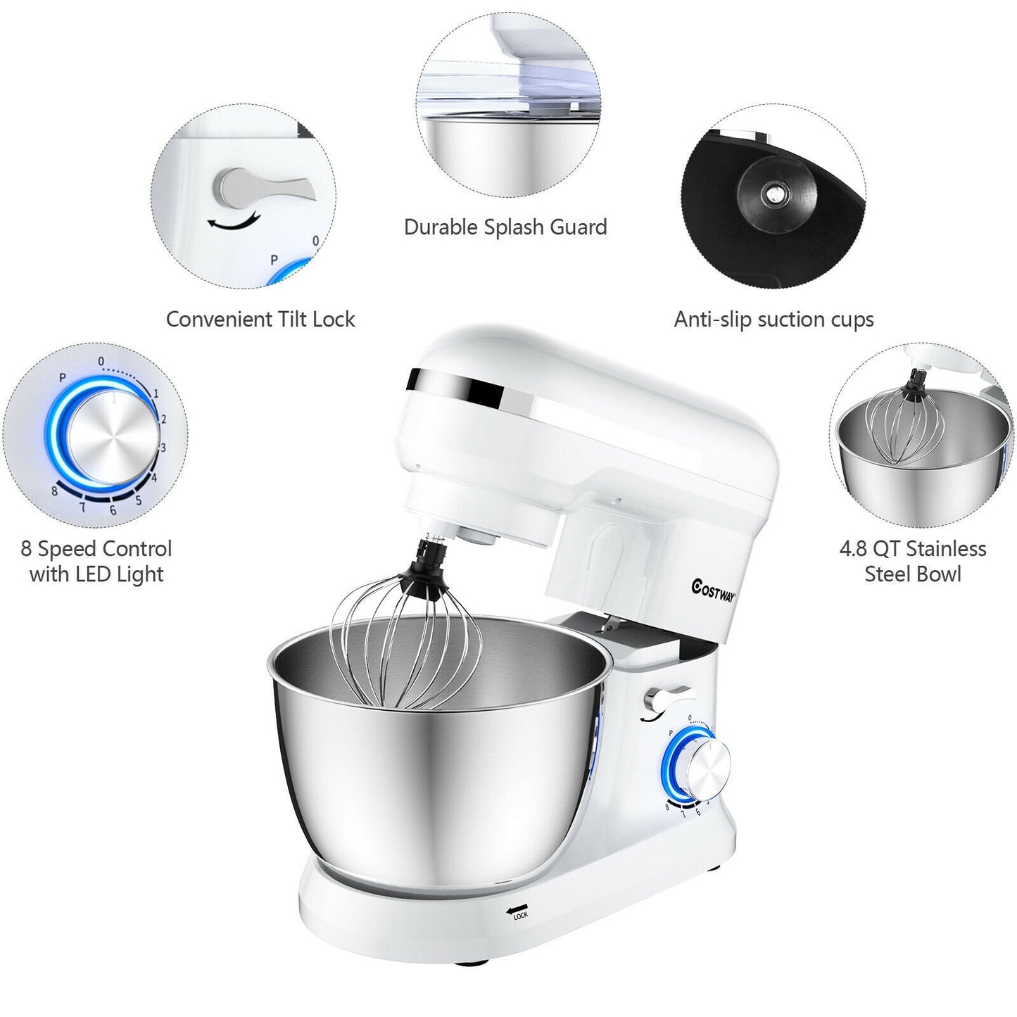 4.8 Qt 8-speed Electric Food Mixer with Dough Hook Beater, White at Gallery Canada