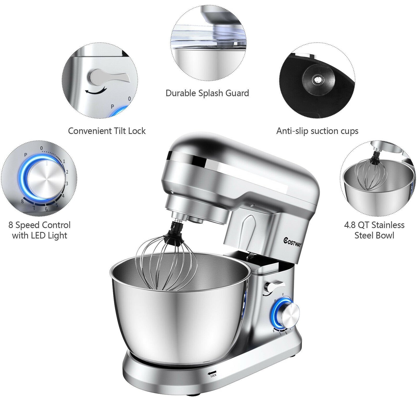 4.8 Qt 8-speed Electric Food Mixer with Dough Hook Beater, Silver at Gallery Canada