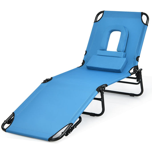 Outdoor Folding Chaise Beach Pool Patio Lounge Chair Bed with Adjustable Back and Hole, Blue at Gallery Canada
