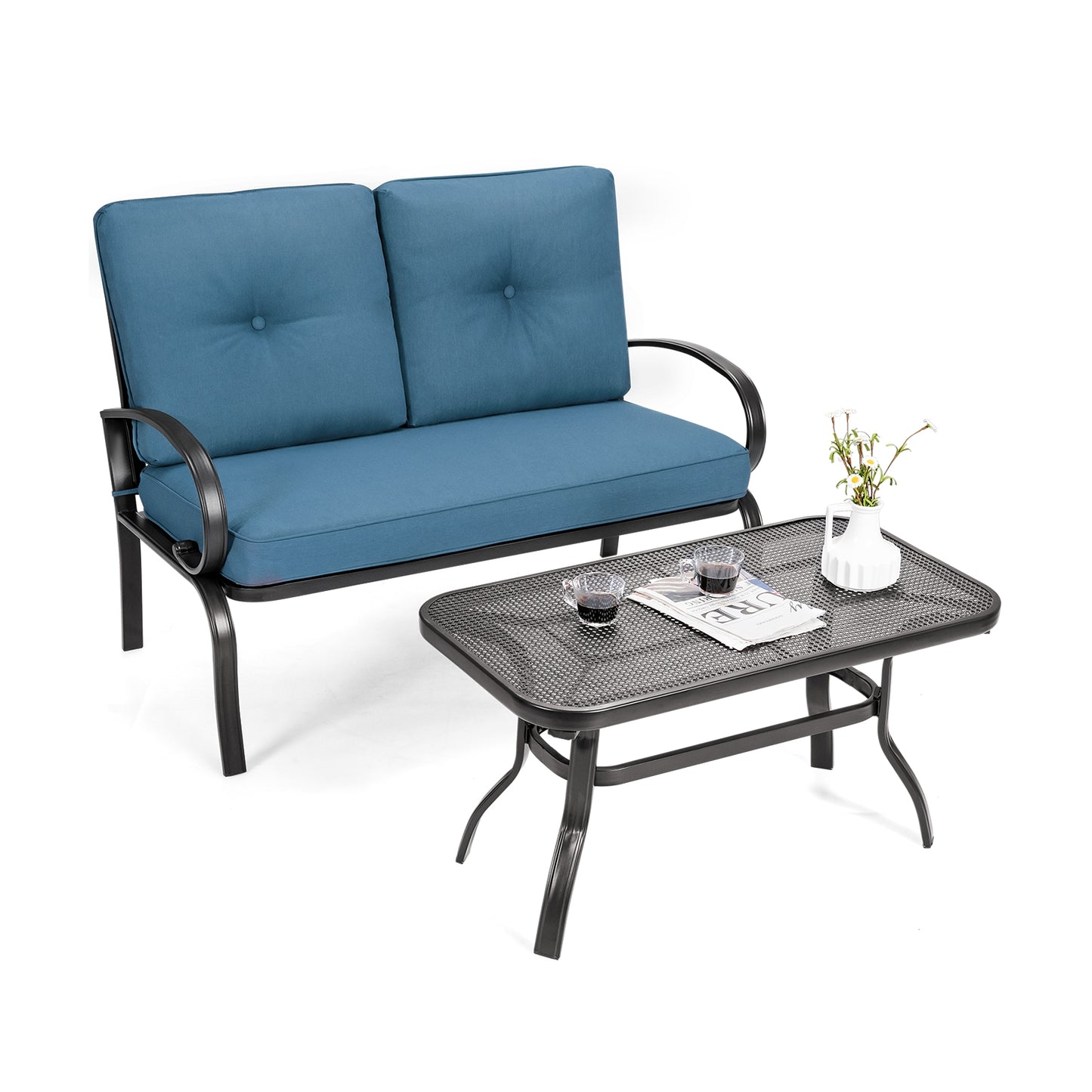2 Pieces Patio Outdoor Cushioned Coffee Table Seat, Blue Patio Conversation Sets at Gallery Canada