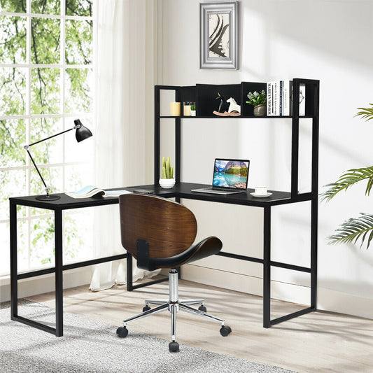 Industrial L-Shaped Desk Bookshelf 55 Inch Corner Computer Gaming Table, Black L-Shaped Desks Black at Gallery Canada