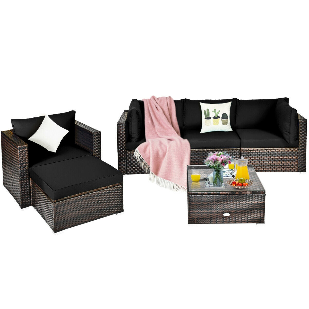 6-Piece Patio Rattan Furniture Set, With Sectional Cushion, Black