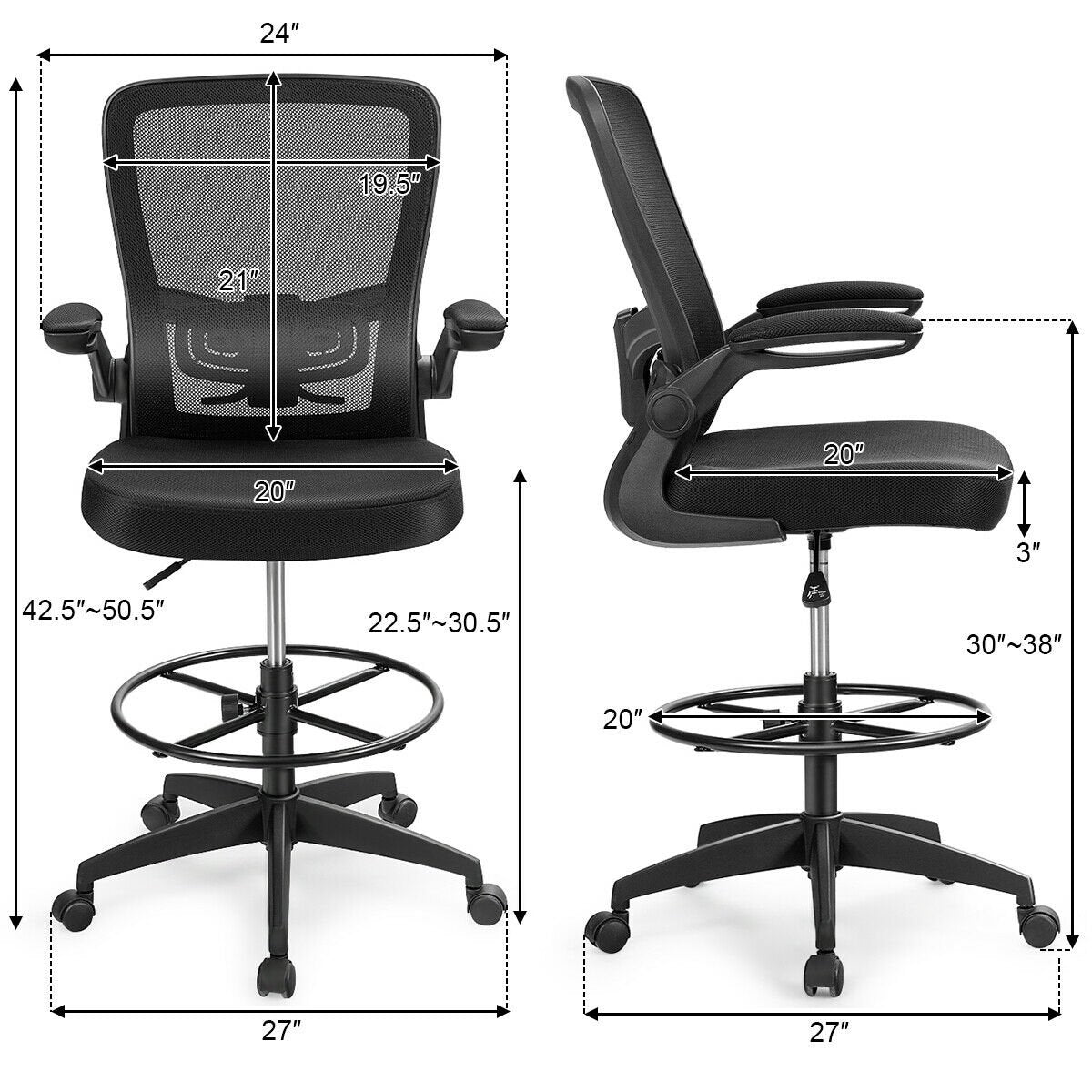 Height Adjustable Drafting Chair with Flip Up Arms, Black at Gallery Canada