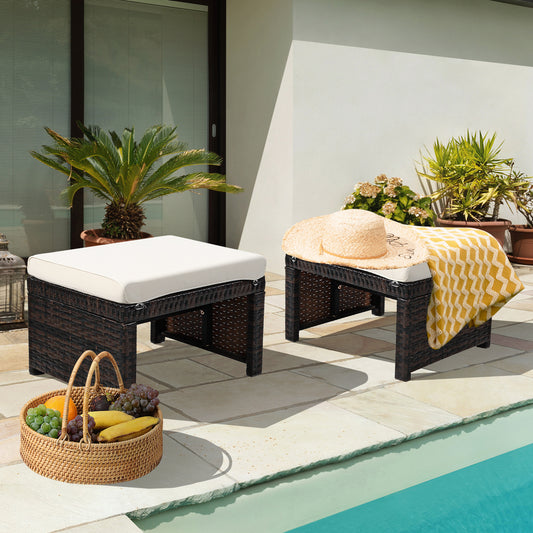 Patio Rattan Ottomans With Soft Cushion, 2 Pieces, White Outdoor Seating & Patio Chairs White at Gallery Canada