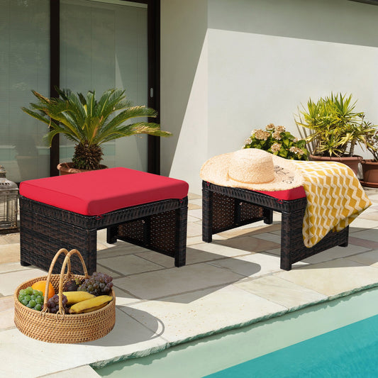 2 Pieces Patio Rattan Ottomans with Soft Cushion for Patio and Garden, Red Outdoor Seating & Patio Chairs Red at Gallery Canada