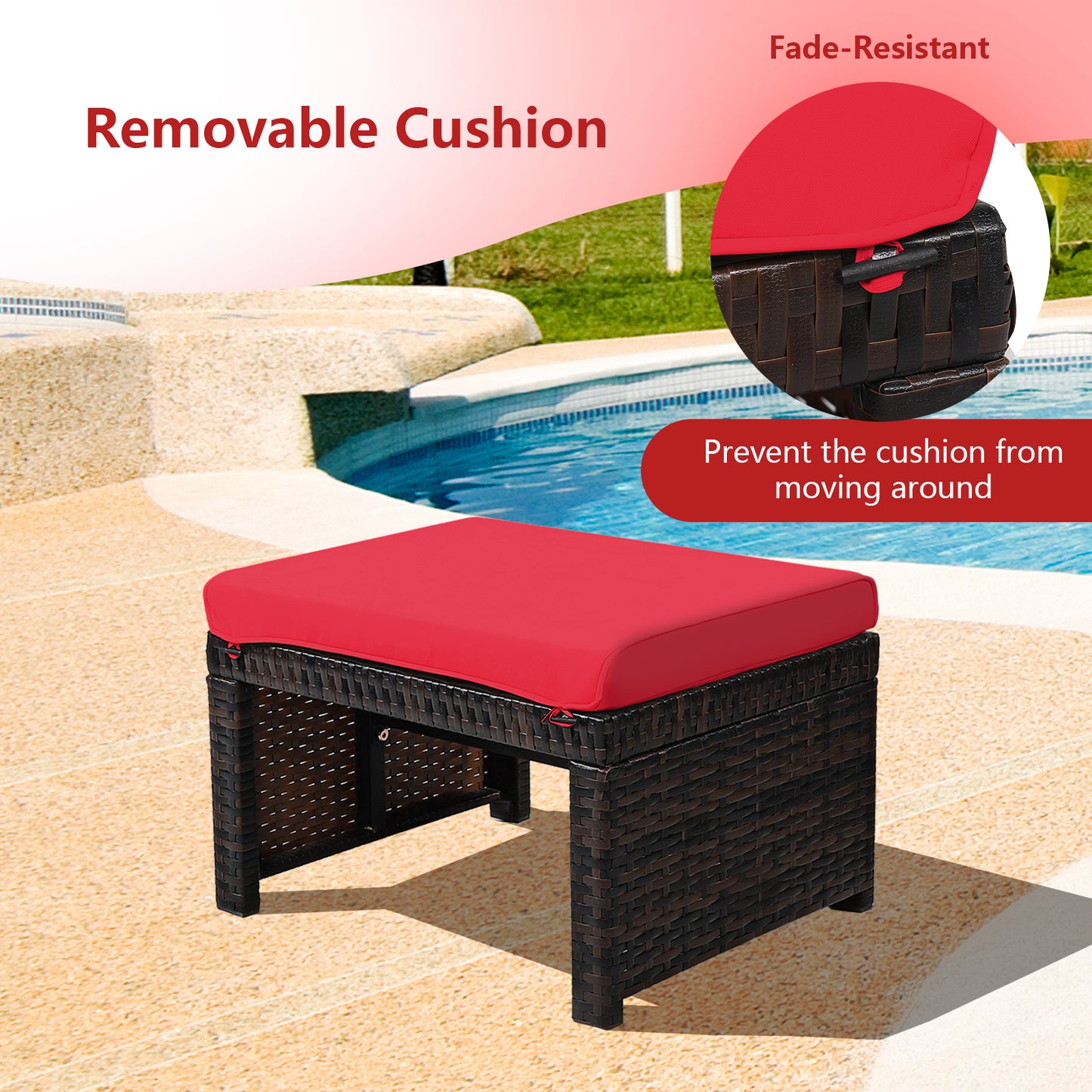 2 Pieces Patio Rattan Ottomans with Soft Cushion for Patio and Garden, Red Outdoor Seating & Patio Chairs at Gallery Canada
