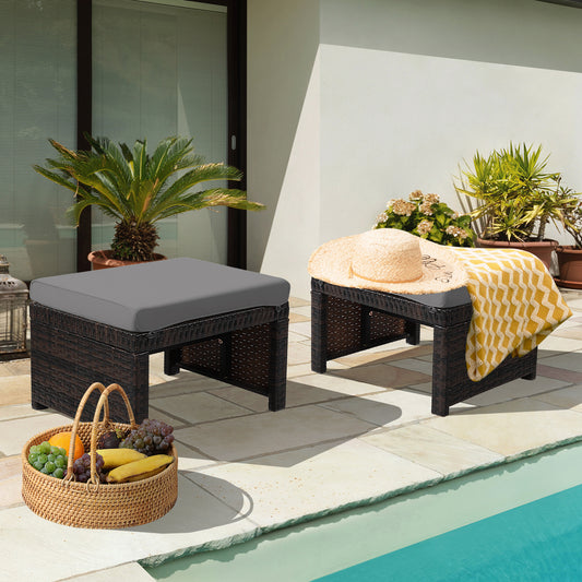 Patio Rattan Ottomans With Cushion, 2 Pieces, Gray Outdoor Seating & Patio Chairs Gray at Gallery Canada