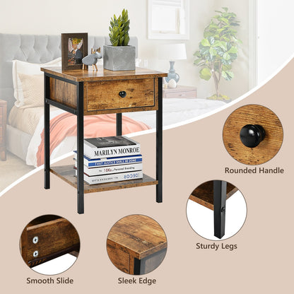 Industrial End Side Table Nightstand with Drawer Shelf, Rustic Brown at Gallery Canada