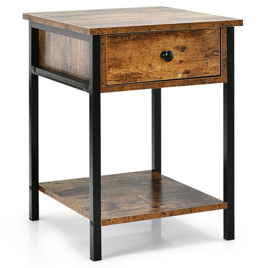 Industrial End Side Table Nightstand with Drawer Shelf, Rustic Brown