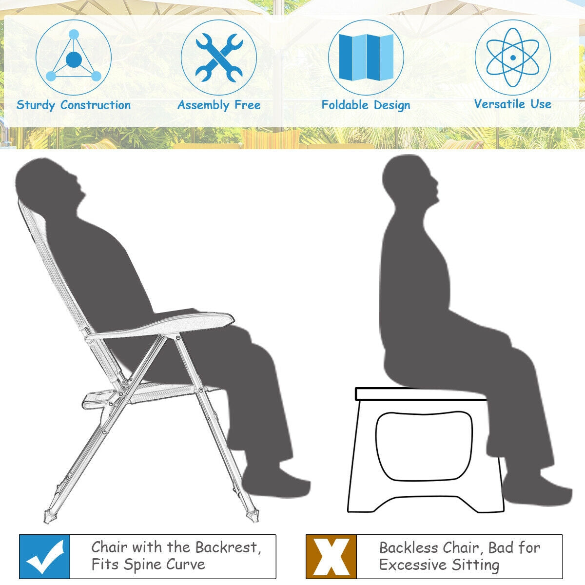 Set of 4 Patio Folding Chairs, Adjustable Backrest, Black Patio Dining Chairs at Gallery Canada