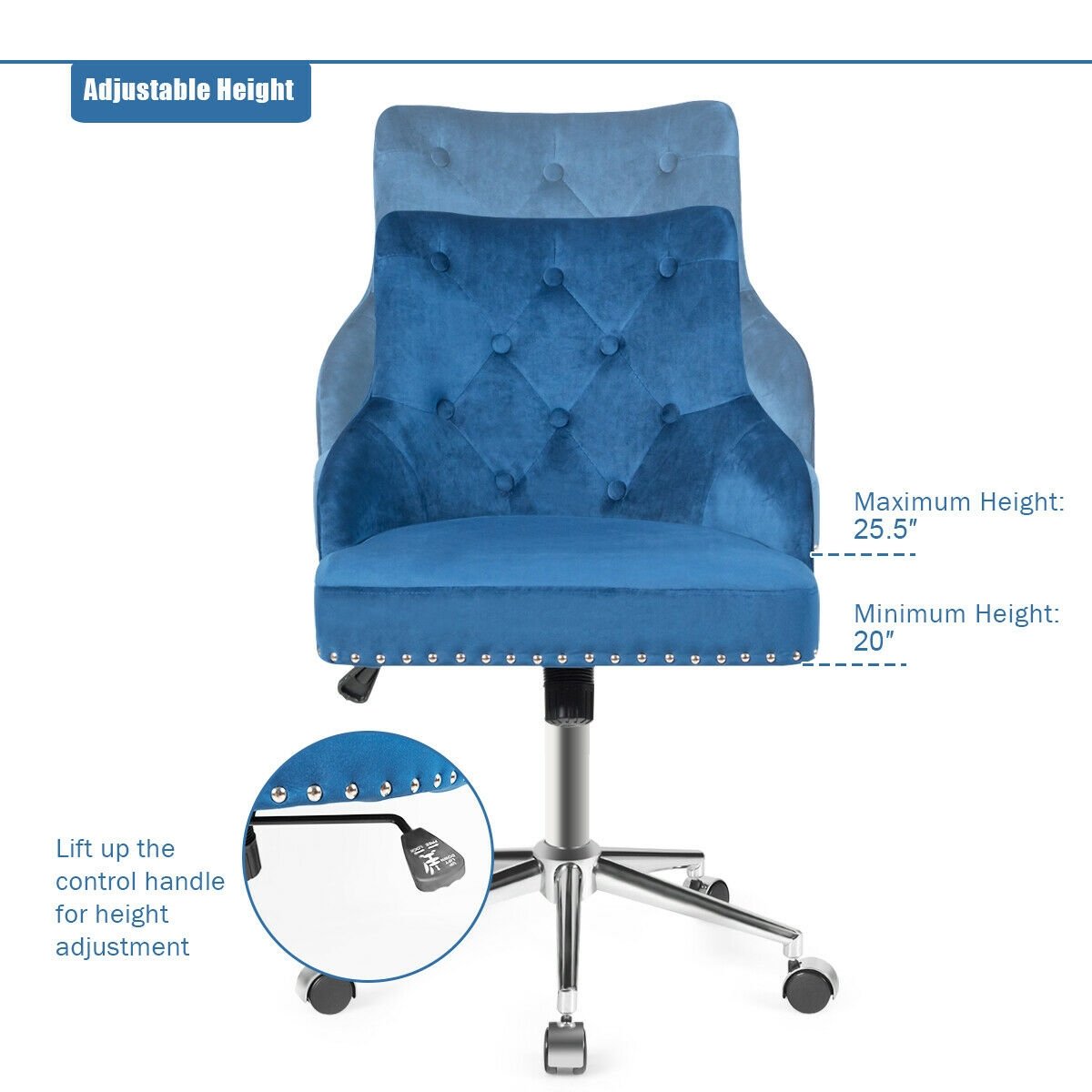 Tufted Upholstered Swivel Computer Desk Chair with Nailed Tri, Blue at Gallery Canada