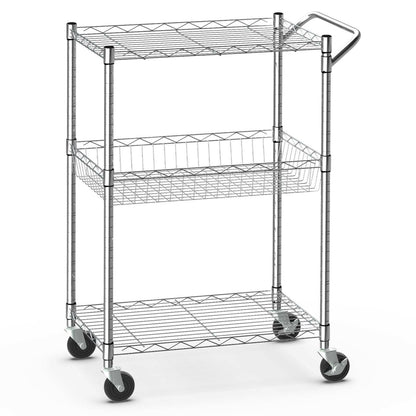 3-Tier Rolling Utility Cart with Handle Bar and Adjustable Shelves, Silver at Gallery Canada