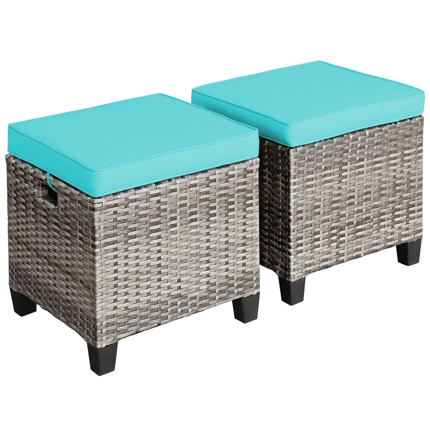 2PCS Rattan Ottoman Seat With Removable Cushions, Turquoise