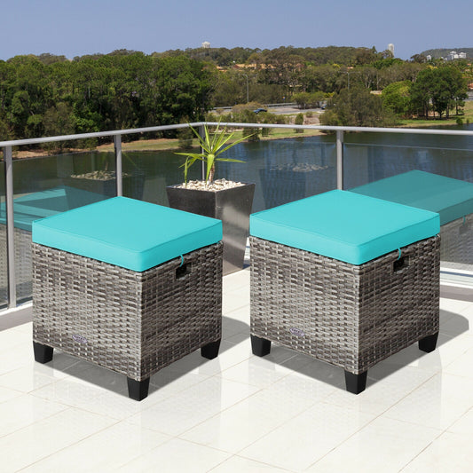 2PCS Rattan Ottoman Seat With Removable Cushions, Turquoise