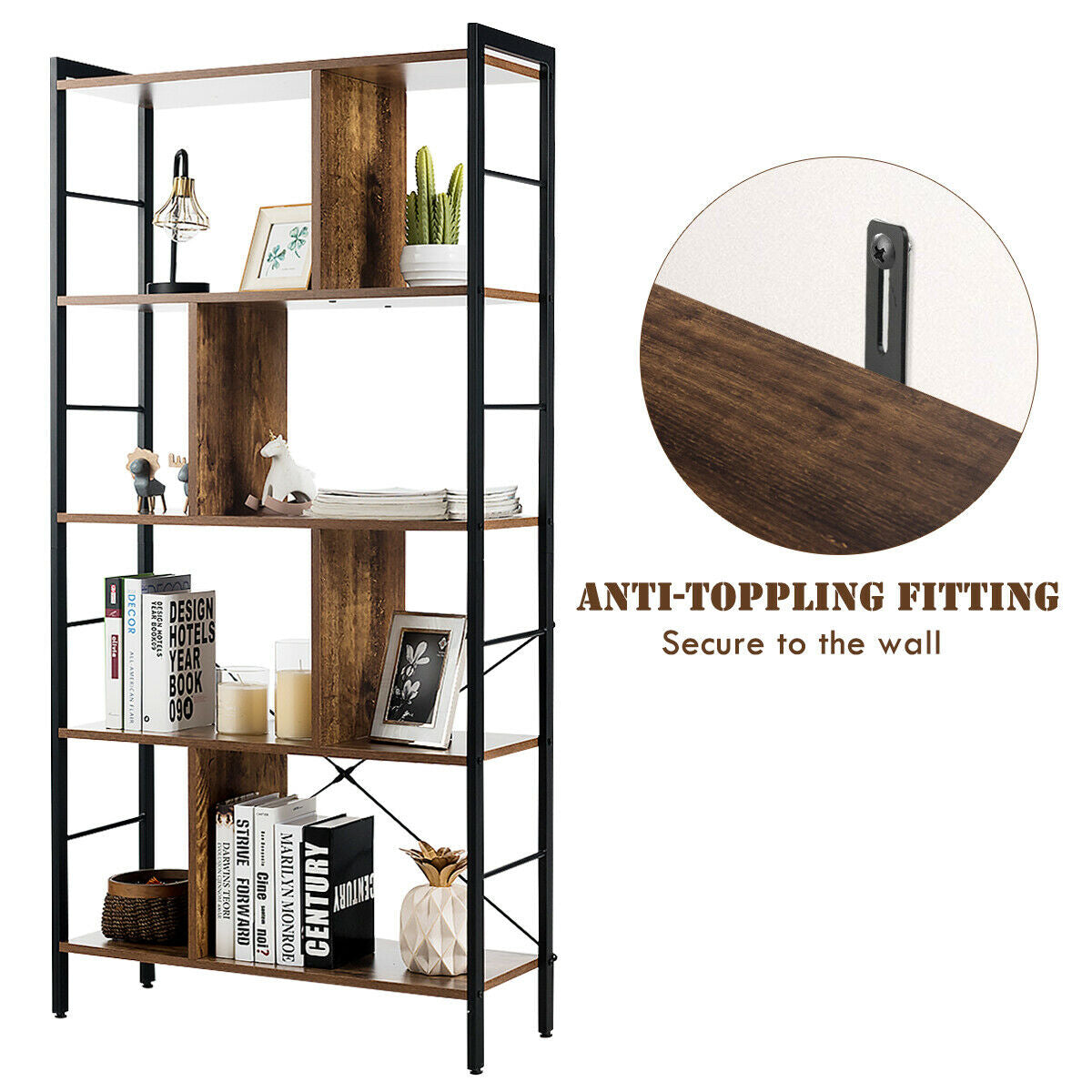 4-Tier Industrial Bookshelf, Floor Standing Storage Rack, Brown Bookcases at Gallery Canada