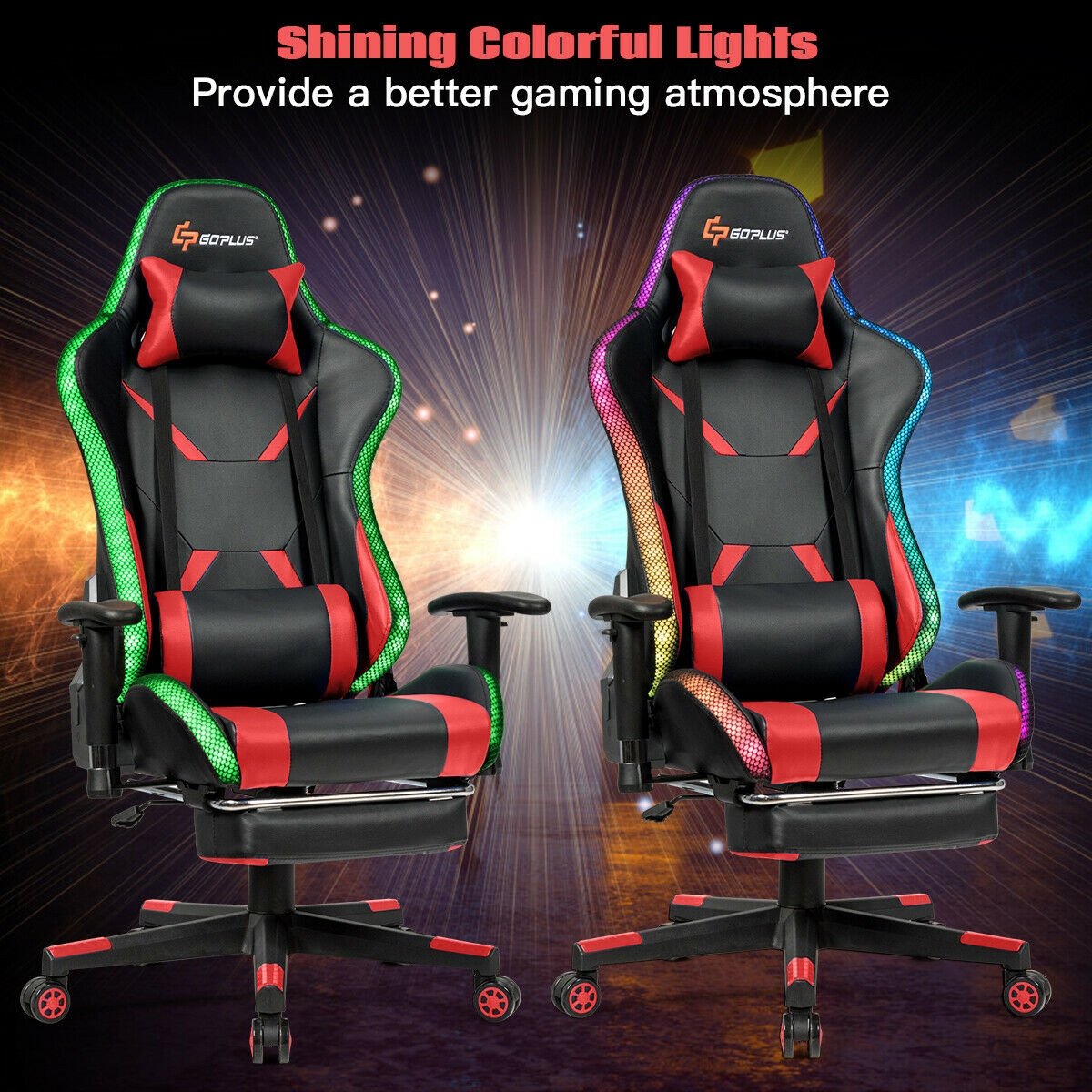 Massage Gaming Chair Ergonomic High Back with RGB Light and RecliningHandrails, Red at Gallery Canada