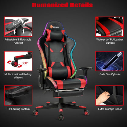 Massage Gaming Chair Ergonomic High Back with RGB Light and RecliningHandrails, Red at Gallery Canada