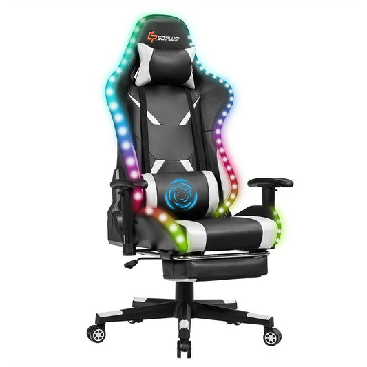 Massage Racing Gaming Chair  Chair with RGB LED Lights, White