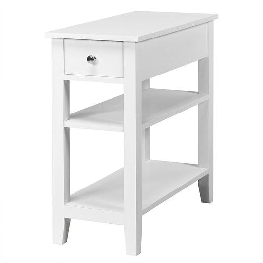 3-Tier Nightstand Bedside Table Sofa Side with Double Shelves Drawer, White