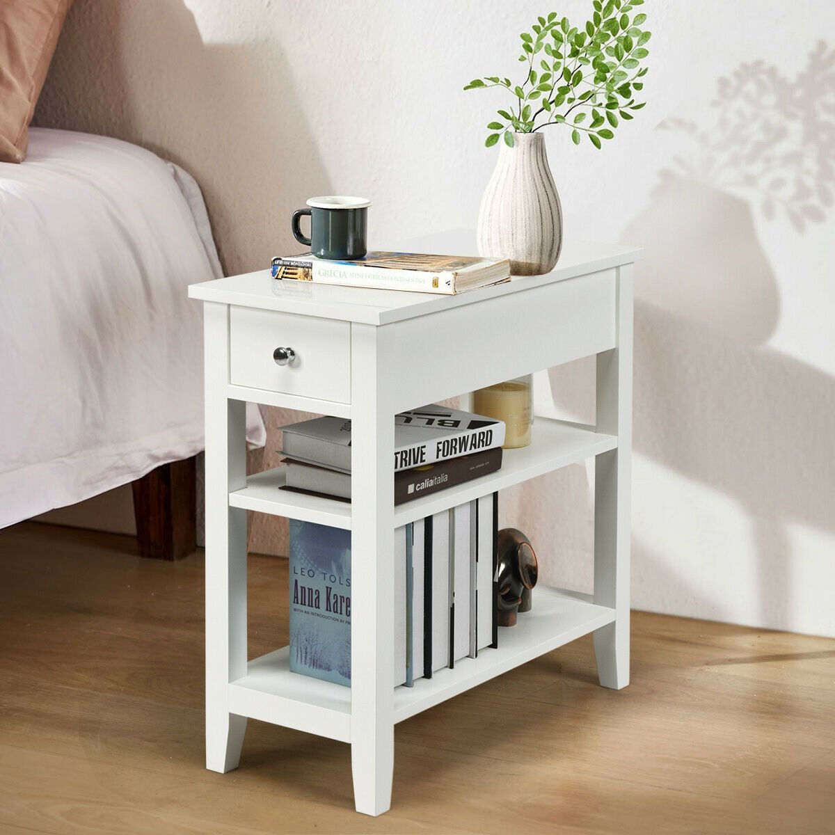 3-Tier Nightstand Bedside Table Sofa Side with Double Shelves Drawer, White at Gallery Canada