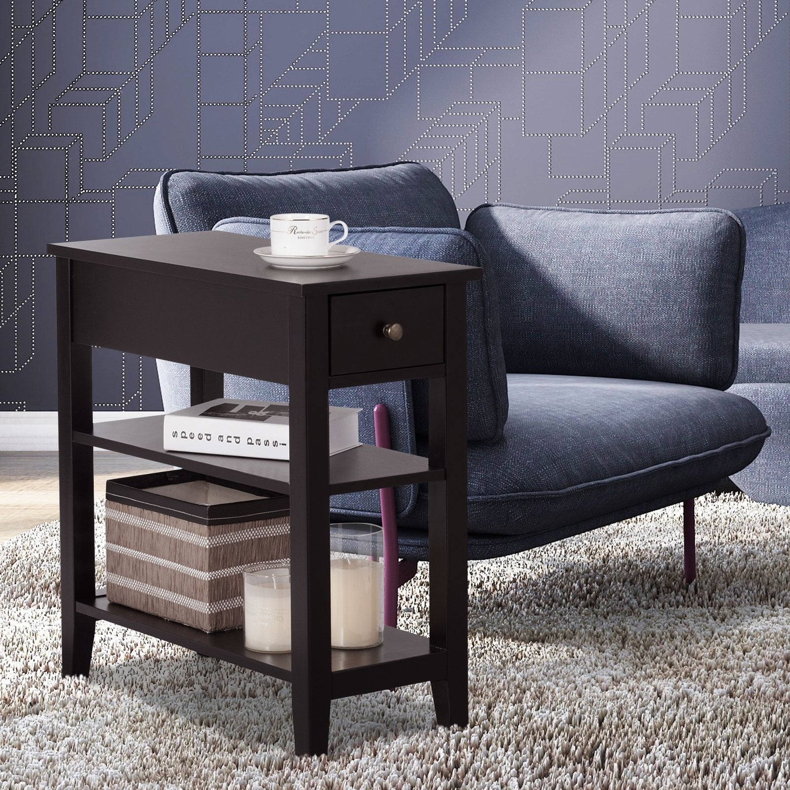 3-Tier Nightstand Bedside Table Sofa Side with Double Shelves Drawer, Brown at Gallery Canada
