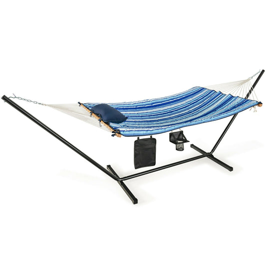 Hammock Chair Stand Set Cotton Swing with Pillow Cup Holder Indoor Outdoor, Blue at Gallery Canada