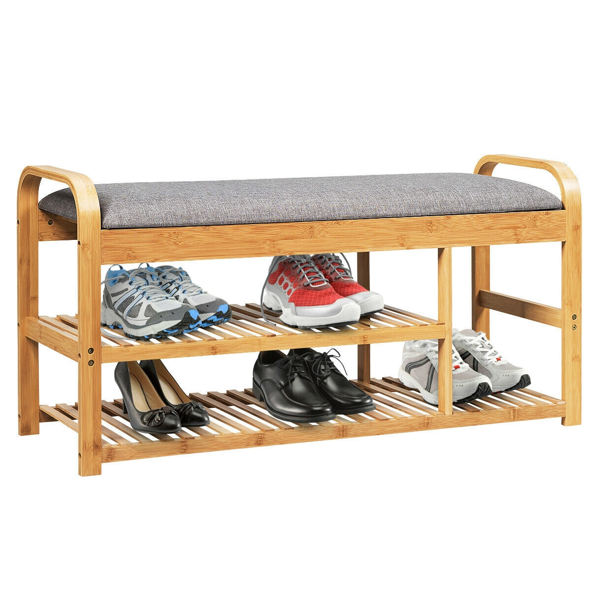 3-Tier Bamboo Shoe Rack Bench With Cushion, Natural Shoe Racks & Storage Benches at Gallery Canada