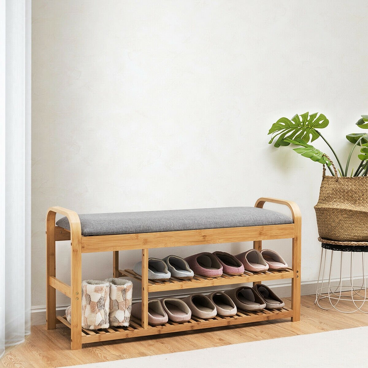 3-Tier Bamboo Shoe Rack Bench with Cushion, Natural at Gallery Canada