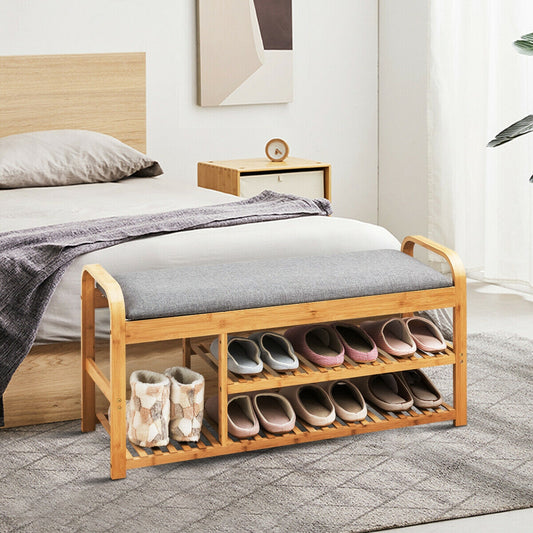 3-Tier Bamboo Shoe Rack Bench With Cushion, Natural