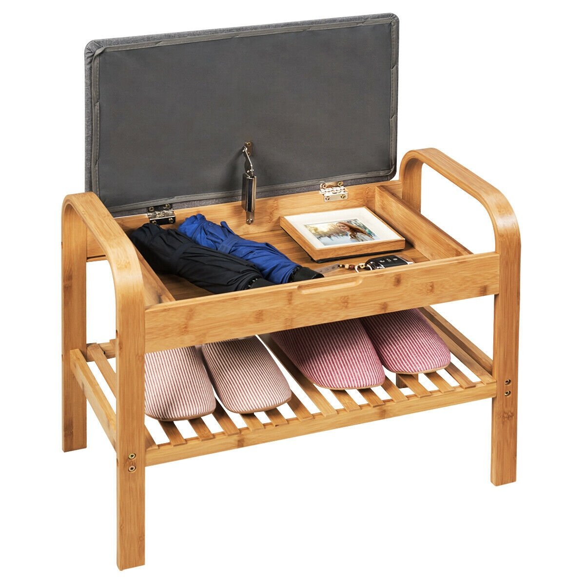 Shoe Rack Bench Bamboo with Storage Shelf , Natural
