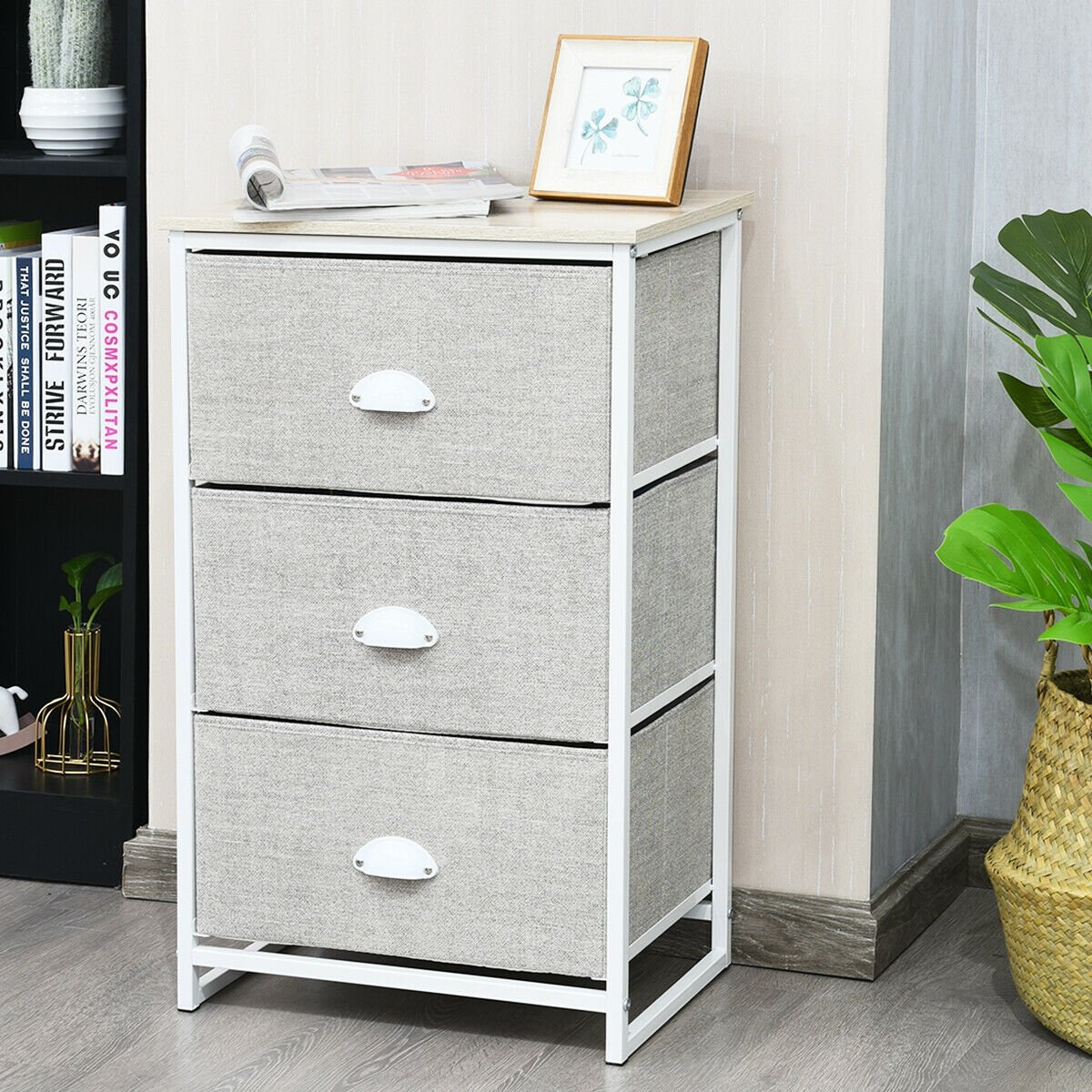 Nightstand Side Table Storage Tower Dresser Chest with 3 Drawers, Gray at Gallery Canada
