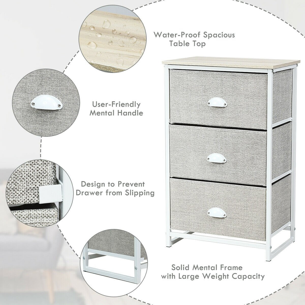 Nightstand Side Table Storage Tower Dresser Chest with 3 Drawers, Gray at Gallery Canada