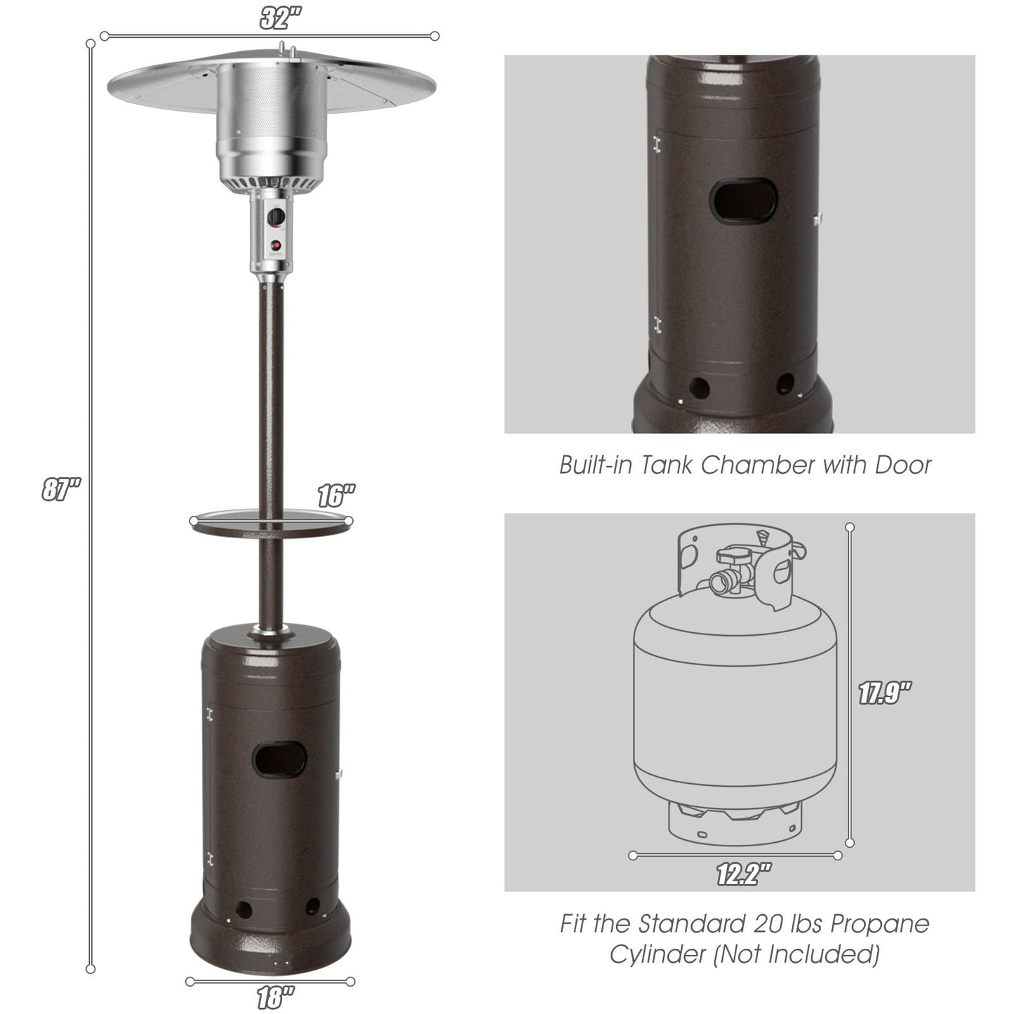 Outdoor Heater Propane Standing LP Gas Steel with Table & Wheels, Brown