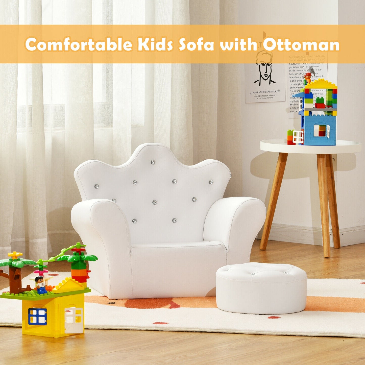 Children Upholstered Princess Sofa With Ottoman, Diamond Decoration, White Kids Chairs & Seating at Gallery Canada