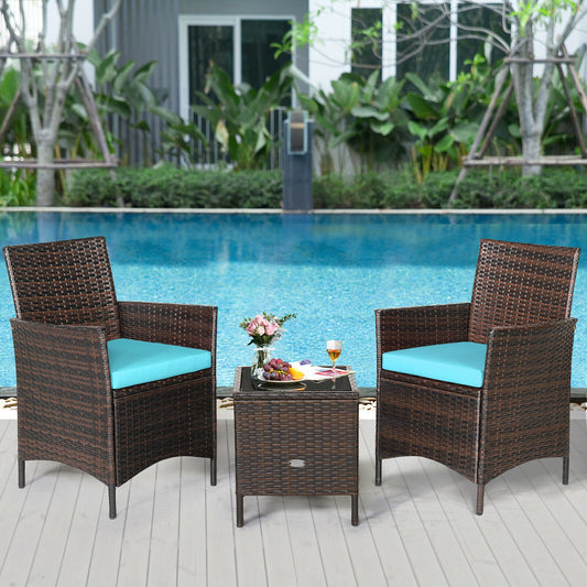 3Pcs Patio Rattan Furniture Set, Cushioned Sofa, Glass Tabletop, Blue Patio Conversation Sets Blue at Gallery Canada