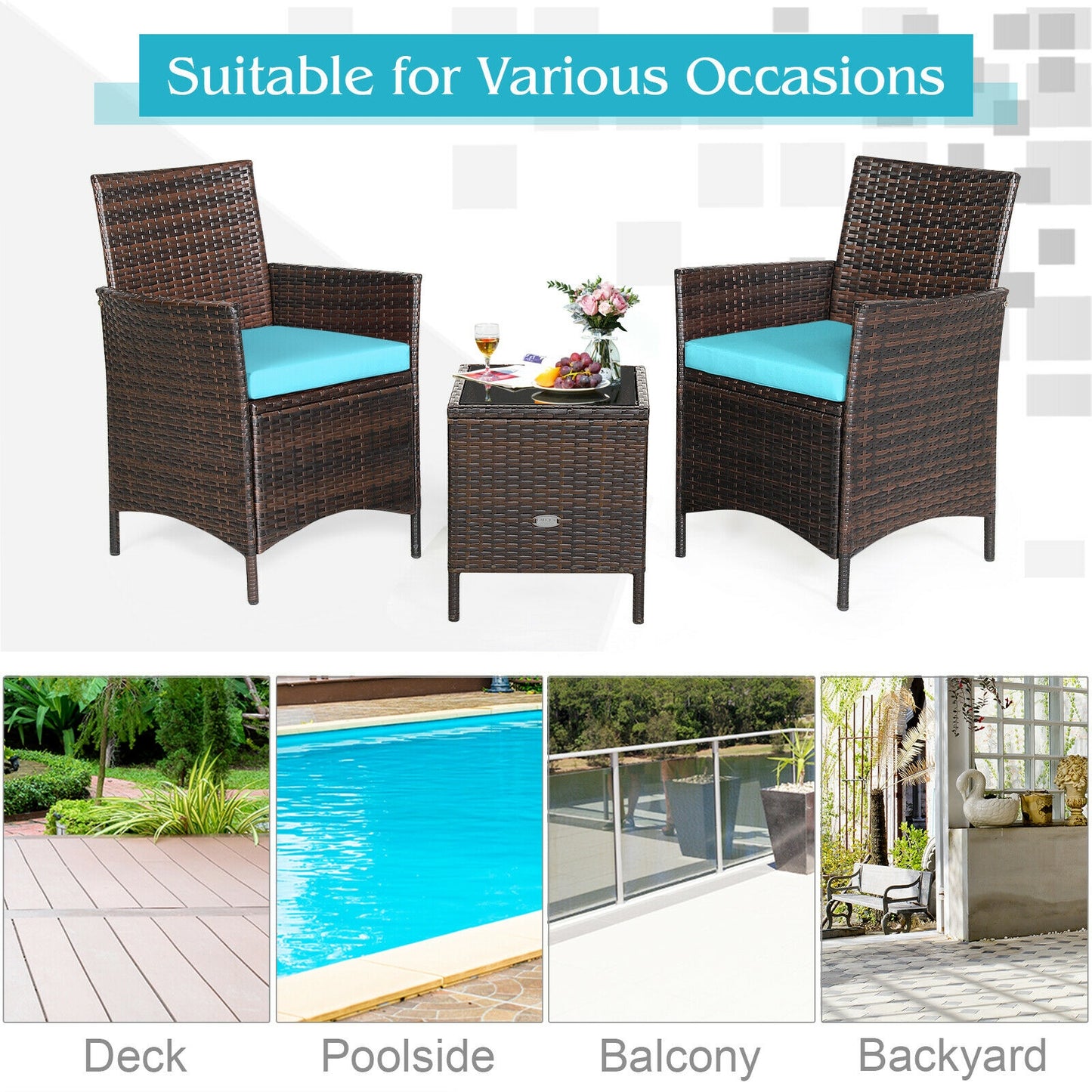 3Pcs Patio Rattan Furniture Set, Cushioned Sofa, Glass Tabletop, Blue