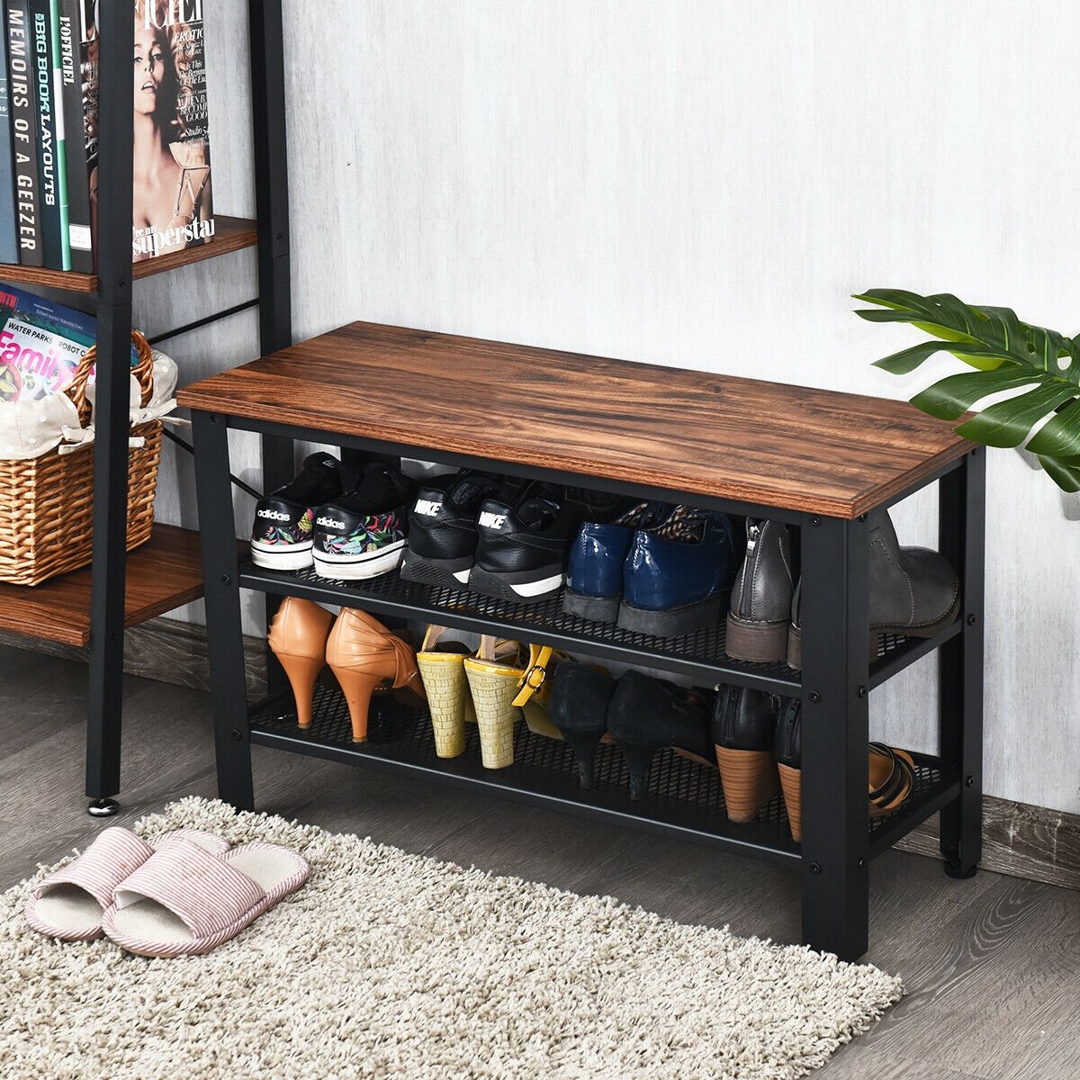 3-Tier Shoe Rack Industrial Shoe Bench with Storage Shelves, Brown at Gallery Canada