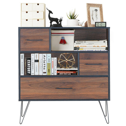 3-Tier Wood Storage Cabinet with Drawers and 4 Metal Legs, Walnut at Gallery Canada
