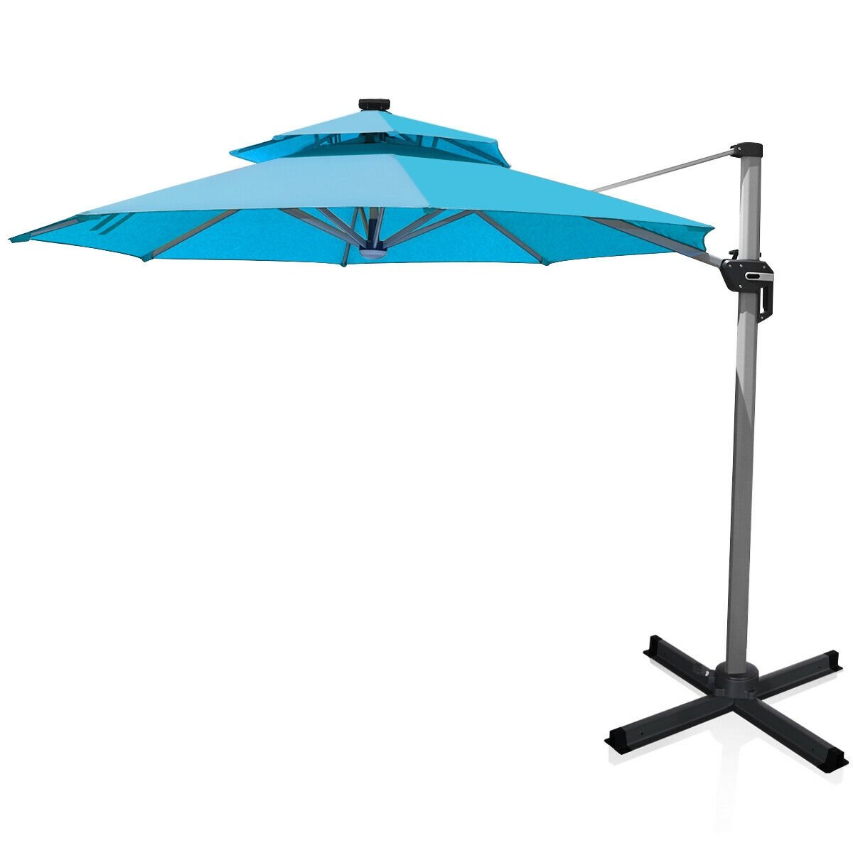 10 Feet 360° Rotation Aluminum Solar LED Patio Cantilever Umbrella without Weight Base, Turquoise at Gallery Canada