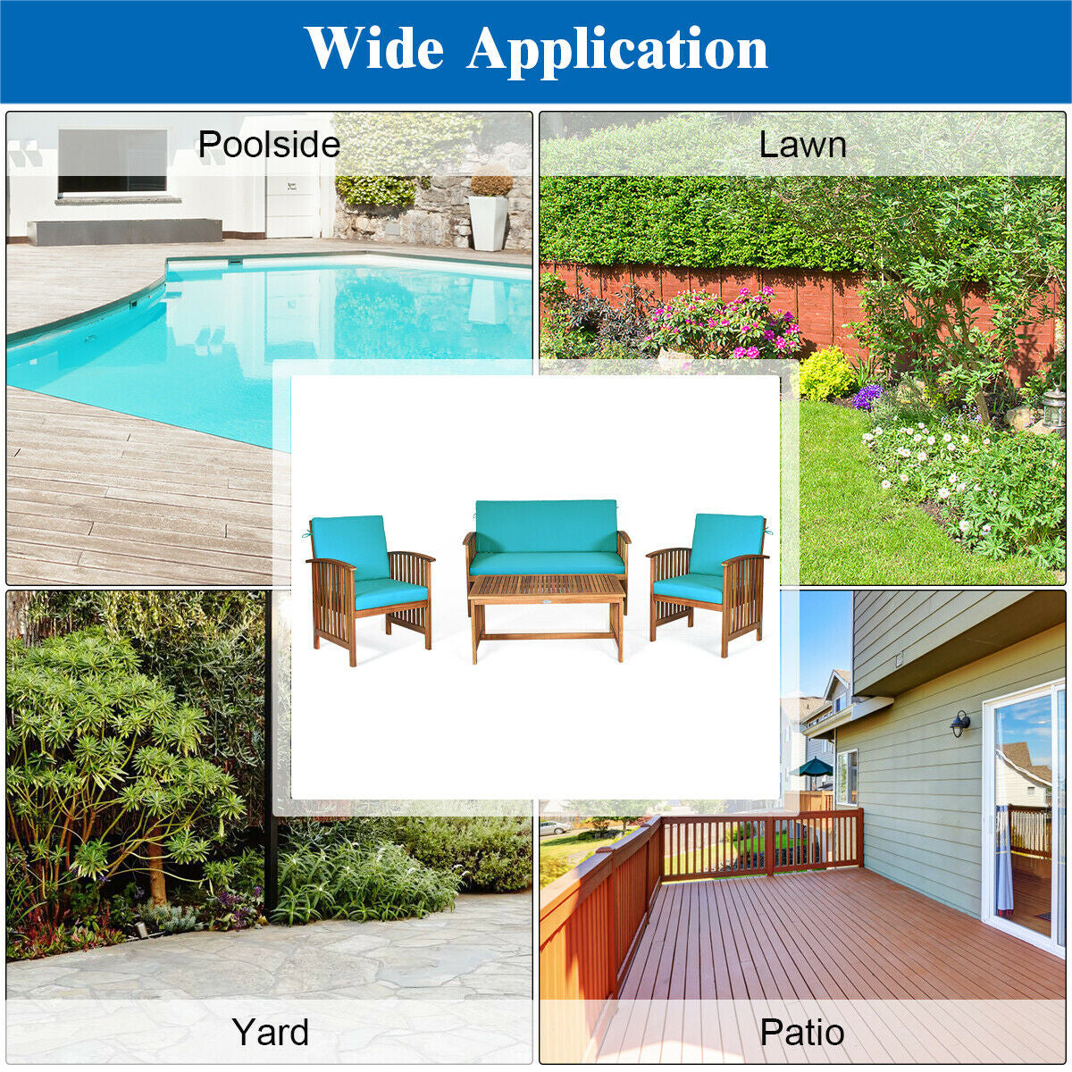 4 Pieces Patio Solid Wood Furniture Set, Blue Patio Conversation Sets at Gallery Canada