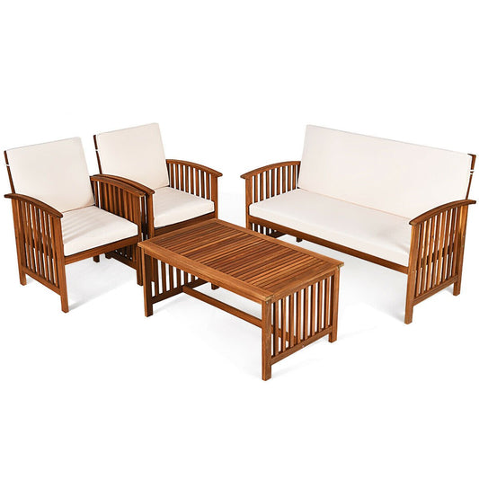 4PCS Patio Solid Wood Furniture Set, Beige