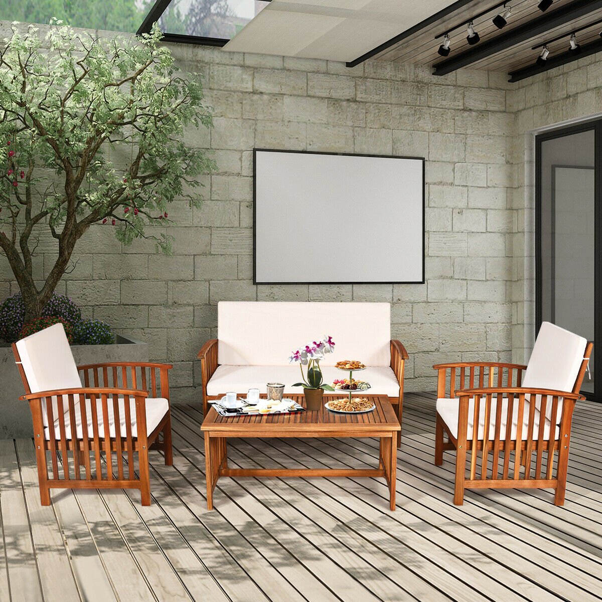 4PCS Patio Solid Wood Furniture Set, Beige at Gallery Canada