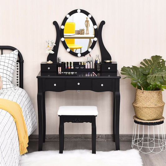 10 Dimmable Lights Vanity Table Set, Lighted Mirror, Cushioned Stool, Black Makeup Vanities Black at Gallery Canada