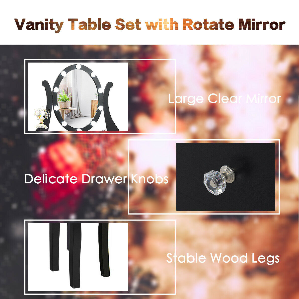10 Dimmable Lights Vanity Table Set, Lighted Mirror, Cushioned Stool, Black Makeup Vanities at Gallery Canada