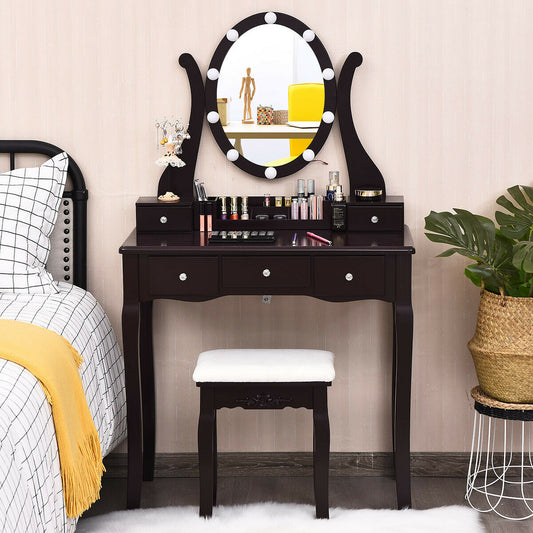 10 Dimmable Lights Vanity Table Set, Lighted Mirror, Cushioned Stool, Brown Makeup Vanities Brown at Gallery Canada